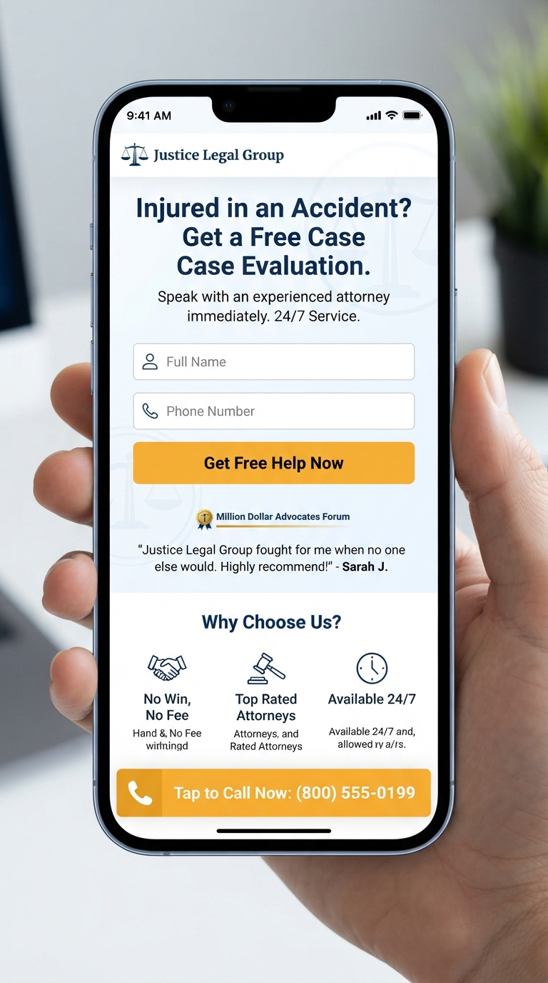 mobile mockup of a high-converting personal injury landing page with a sticky click-to-call bar, headline matching the ad, and a short intake form above the fold