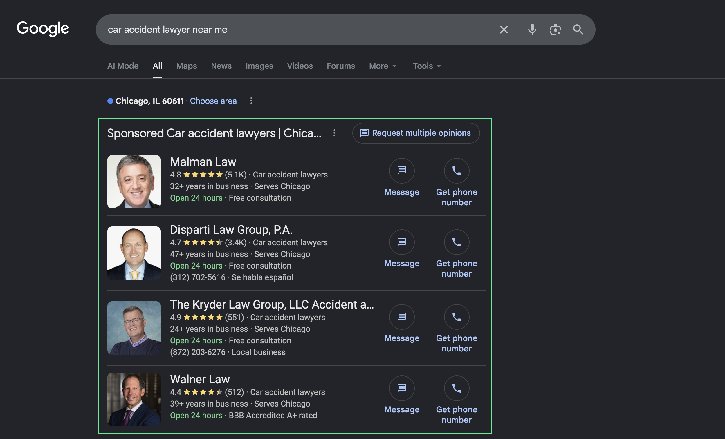 side-by-side SERP screenshot for "car accident lawyer near me" showing the paid ads stacked above the map pack and organic results, with the ad zone highlighted