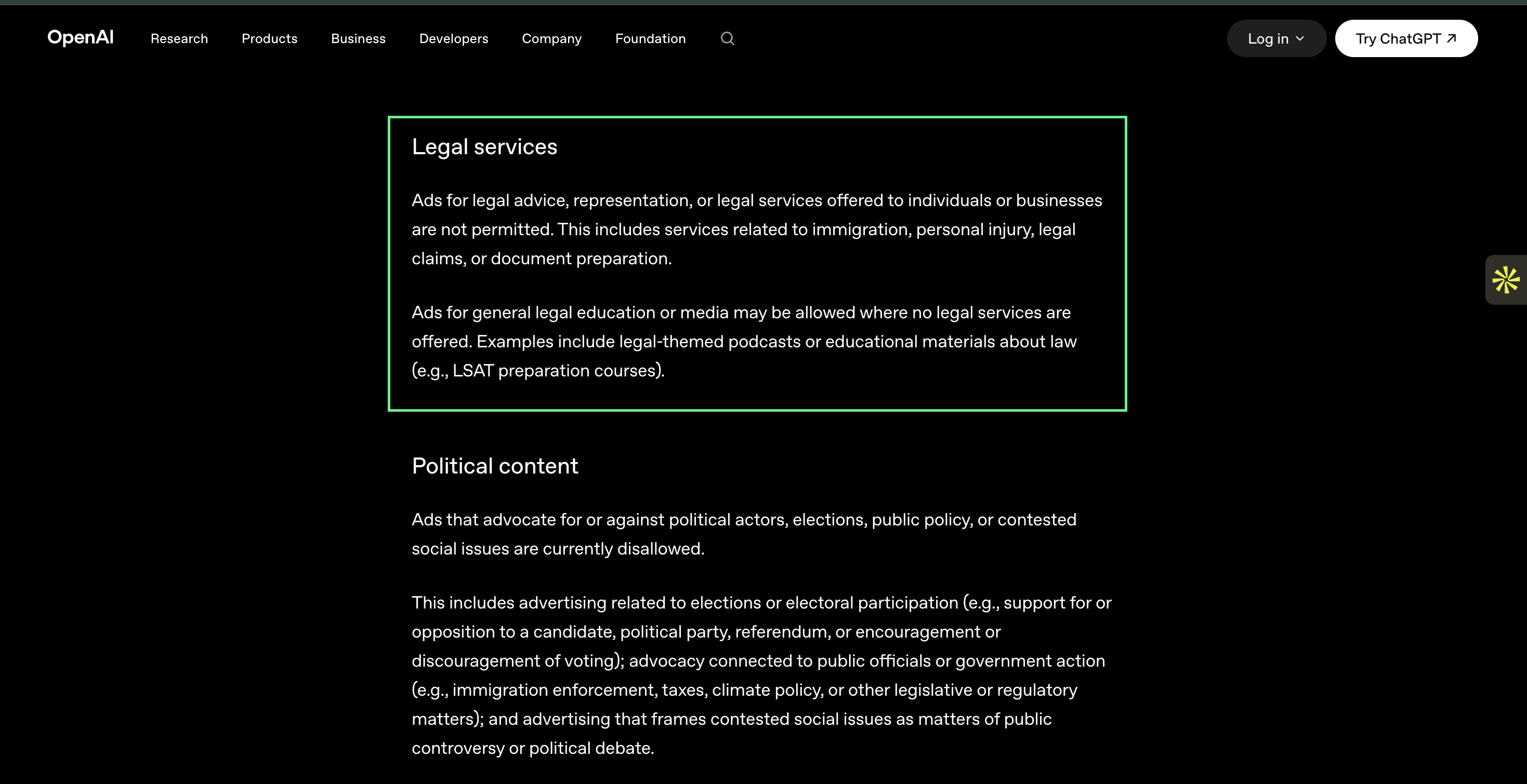 Screenshot of the OpenAI ad policy "Legal services" section with the prohibited practice areas (immigration, personal injury, legal claims, document preparation) highlighted