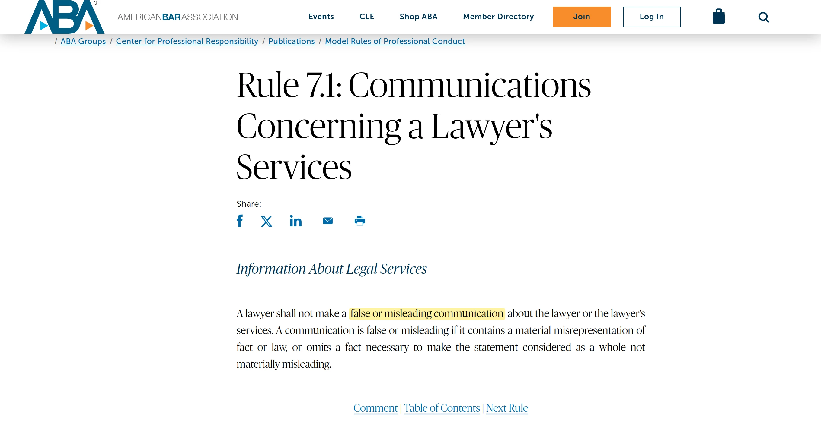ABA Model Rule 7.1 page with the phrase false or misleading communication highlighted