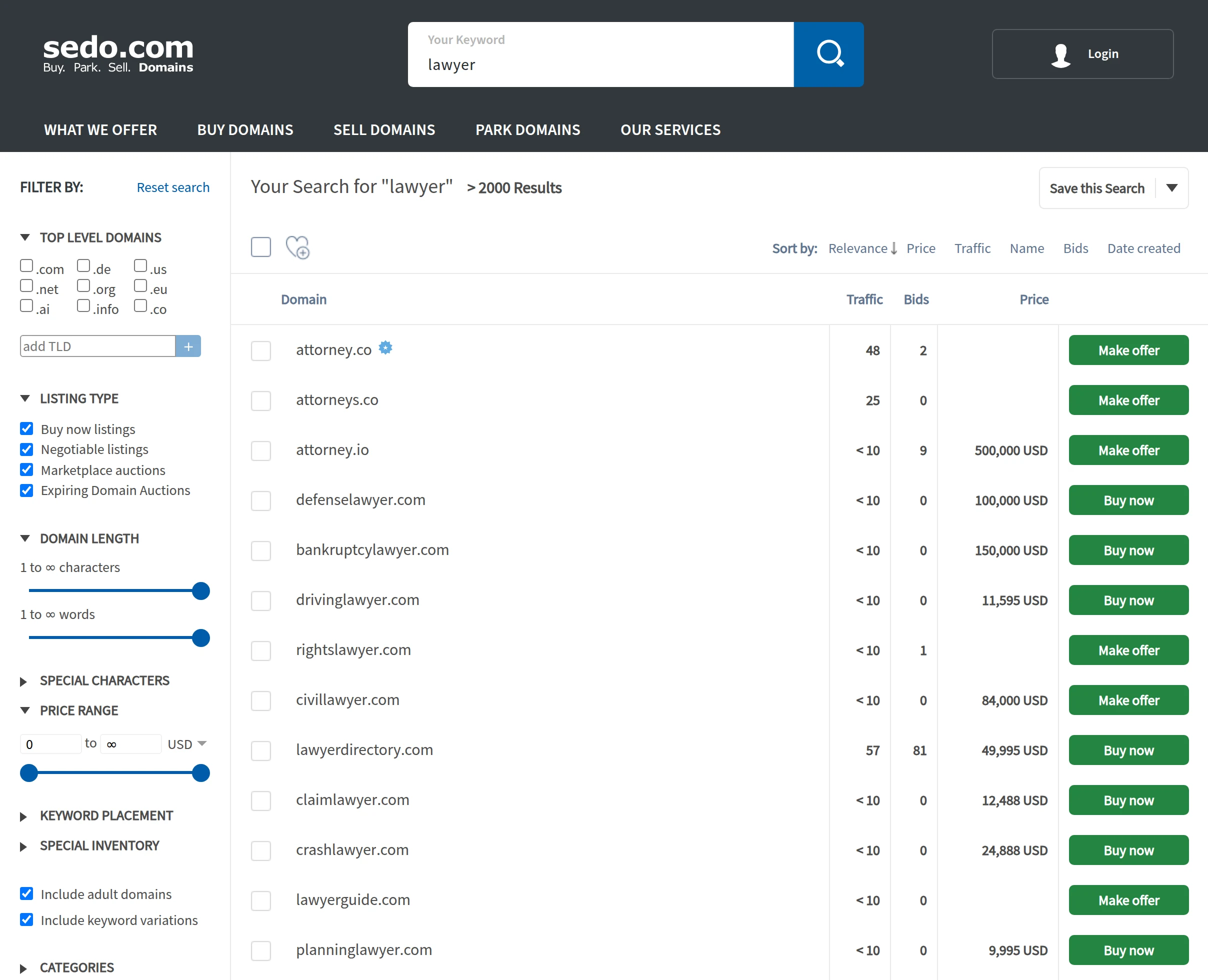 Sedo domain marketplace search results for lawyer domains, with keyword-rich names like claimlawyer.com listed at $12,488 and crashlawyer.com at $24,888