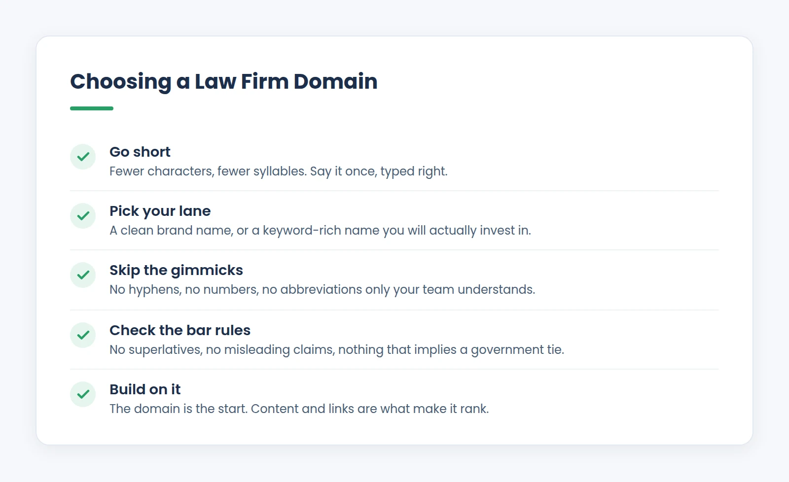 Checklist for choosing a law firm domain: go short, pick your lane, skip the gimmicks, check the bar rules, and build on it