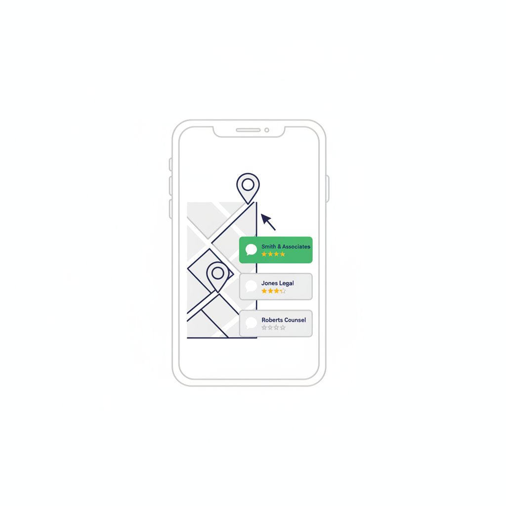 Illustration of a local search map pack on a phone with the top law firm result highlighted